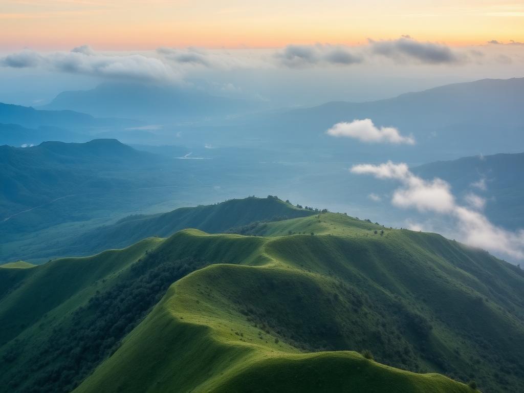 Green highlands and misty rim of the Ngorongoro Crater at sunrise