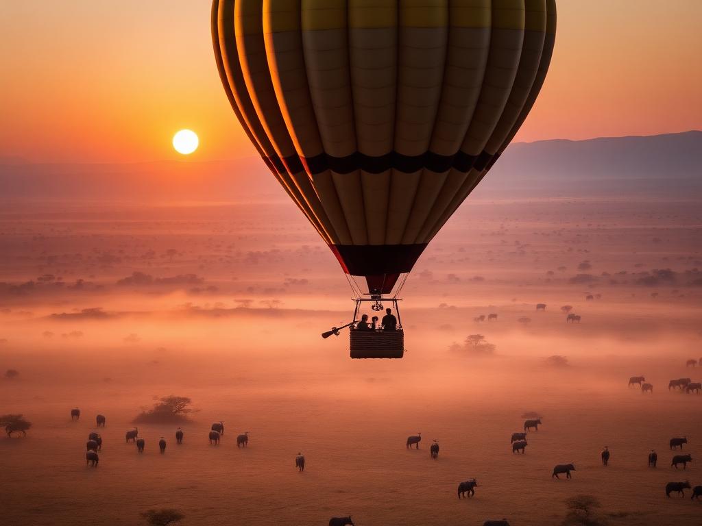 Hot air balloon drifting above misty Serengeti plains at sunrise