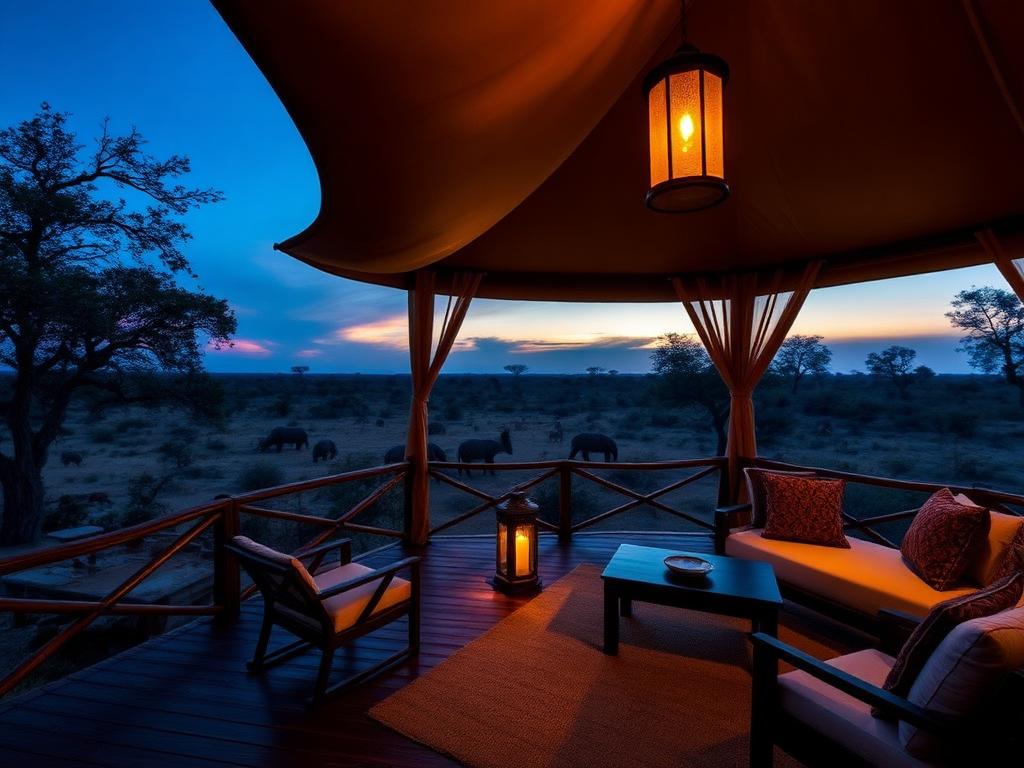 Luxury safari tent deck with lanterns overlooking the savannah at dusk