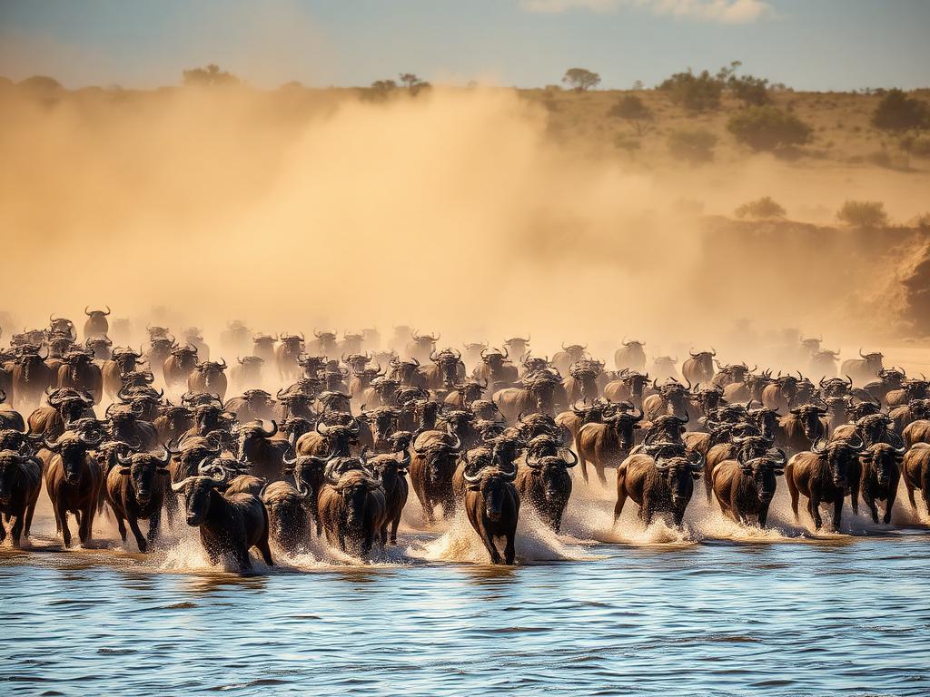 Wildebeest herd crossing a river during the Great Migration in the Serengeti
