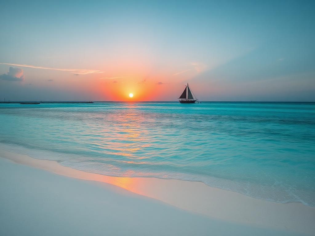 Turquoise Zanzibar shoreline with a dhow sailing at sunset